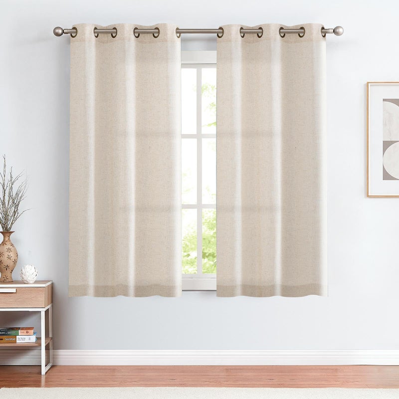jinchan Short Nautral Linen Curtains 63 Inch Length for Small Window Decoration Farmhouse Light Filtering Curtains Beige for Living Room Bedroom 38 Inch Wide Semi Sheer Drapes with Grommet Top 2 Panel - Image 1